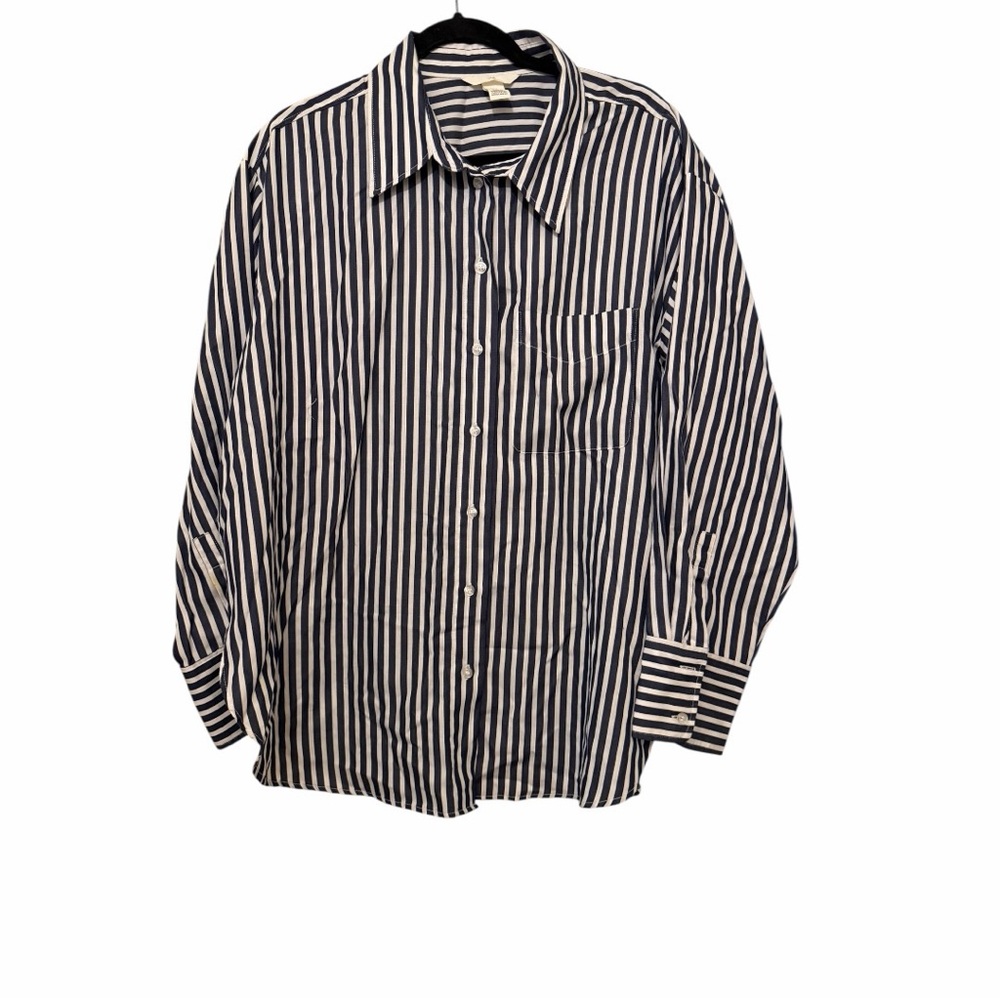 H&M Women's Navy and White Cotton blend Vertical Stripe Button-Down Shirt